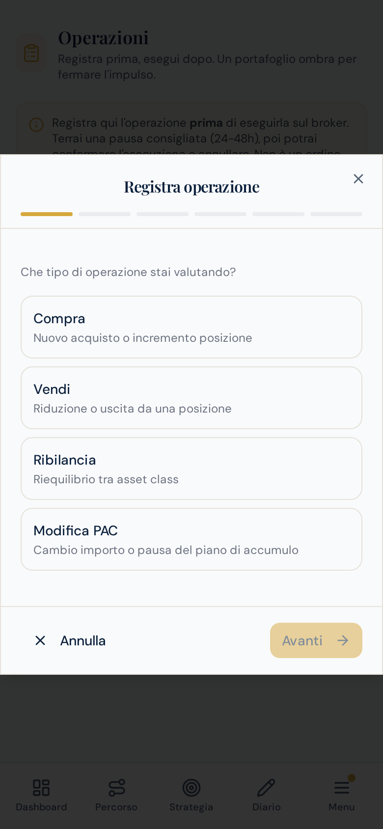 Wizard Registra operazione di Sistema FOCUS su mobile: scelta del tipo di operazione