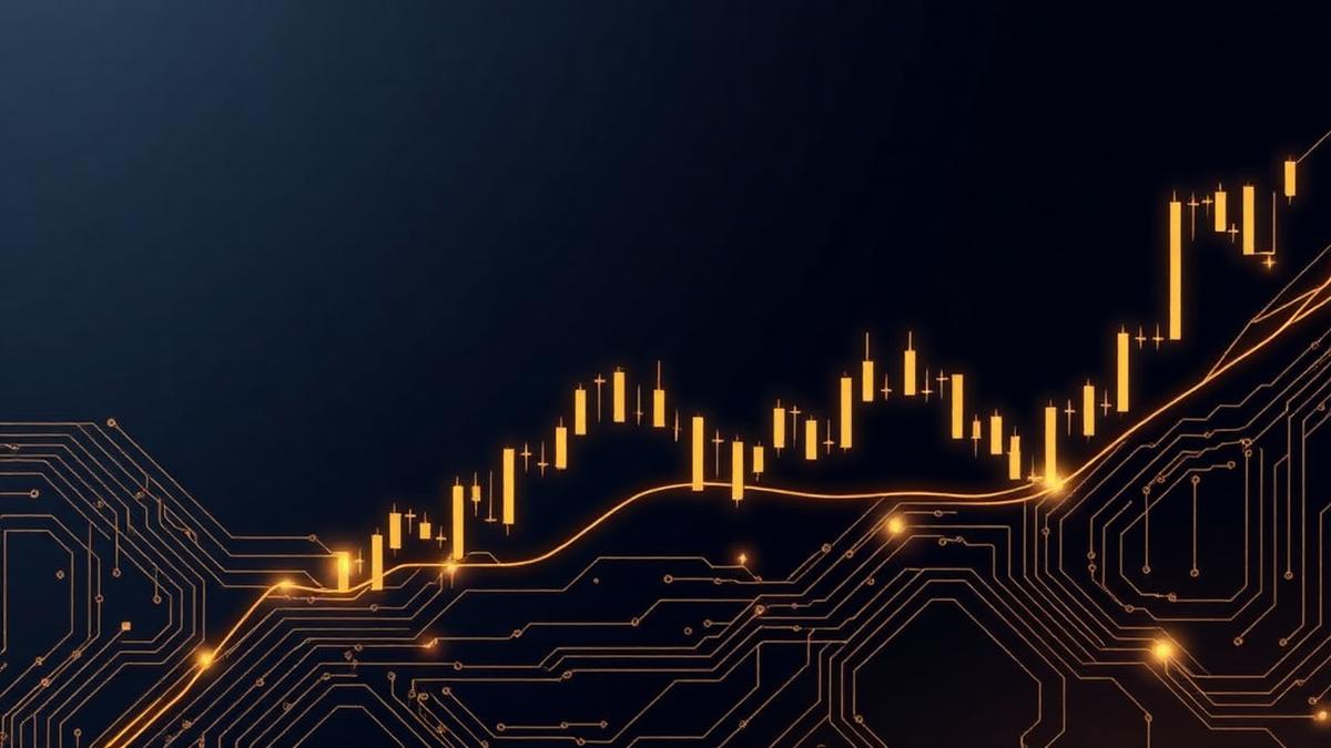 Grafico a candele e circuiti stilizzati su sfondo scuro, con accenti color oro