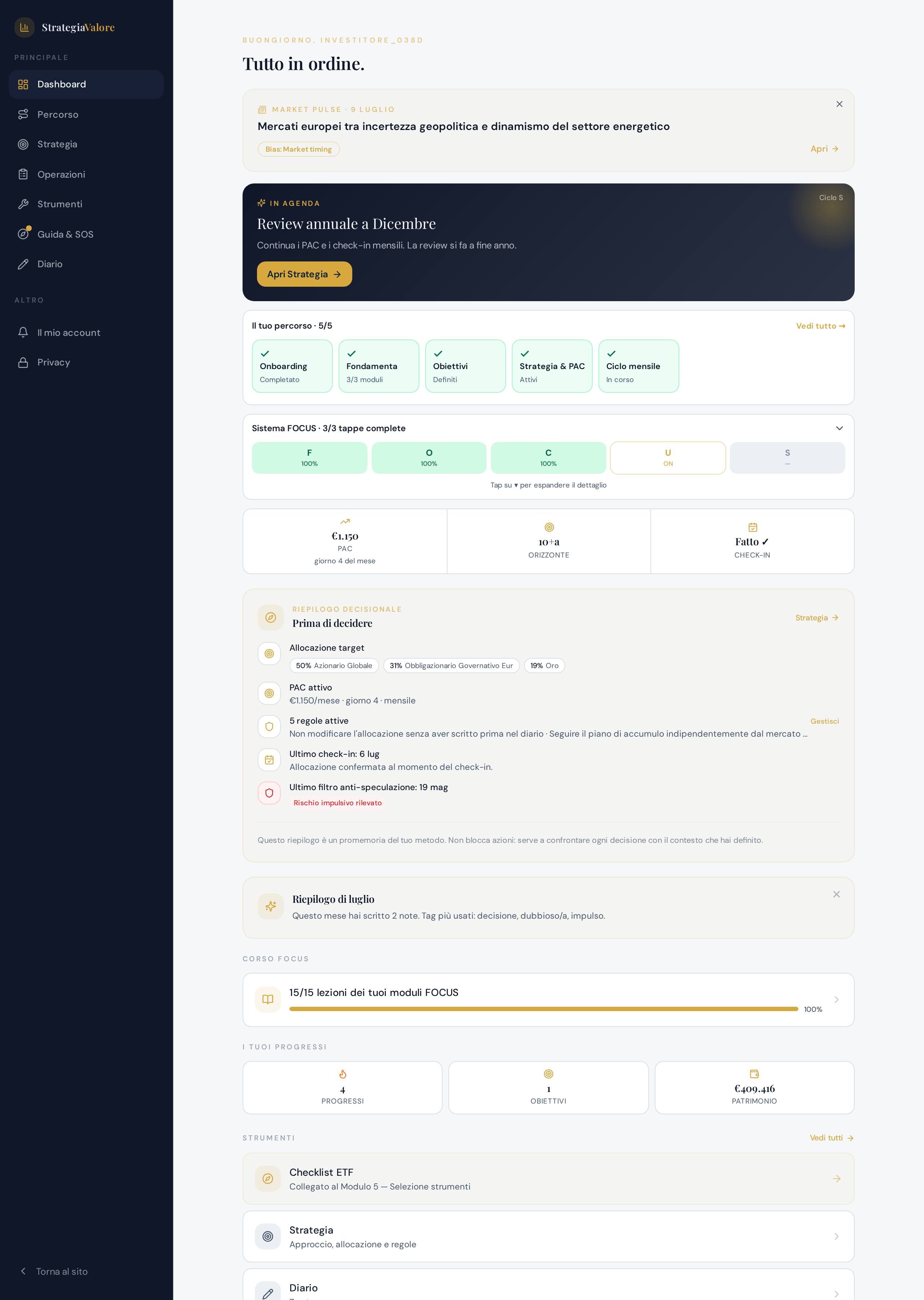 Dashboard di Sistema FOCUS con riepilogo decisionale, allocazione e regole