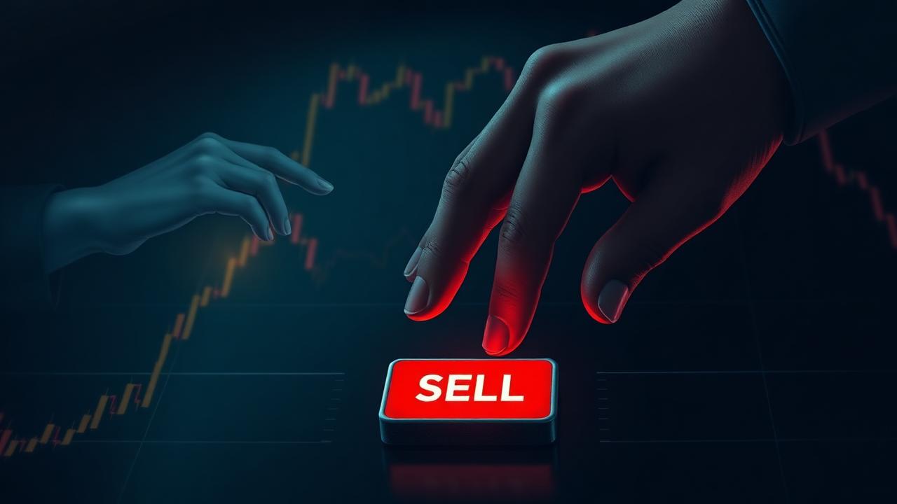 Una mano sospesa sopra il pulsante vendi durante un crollo di mercato — la tensione tra istinto e ragione