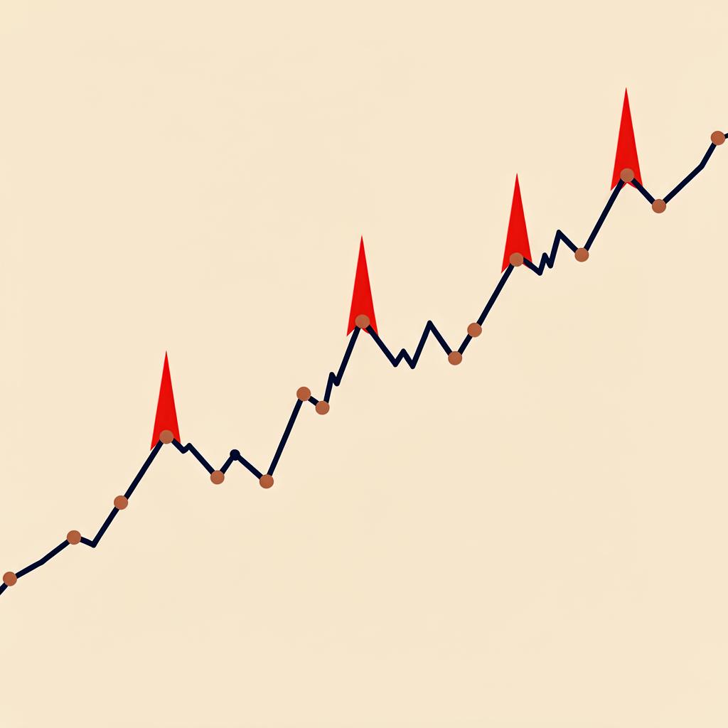 Grafico stilizzato dell'S&P 500 con quattro picchi evidenziati: i quattro acquisti di Bob, il peggior market timer della storia
