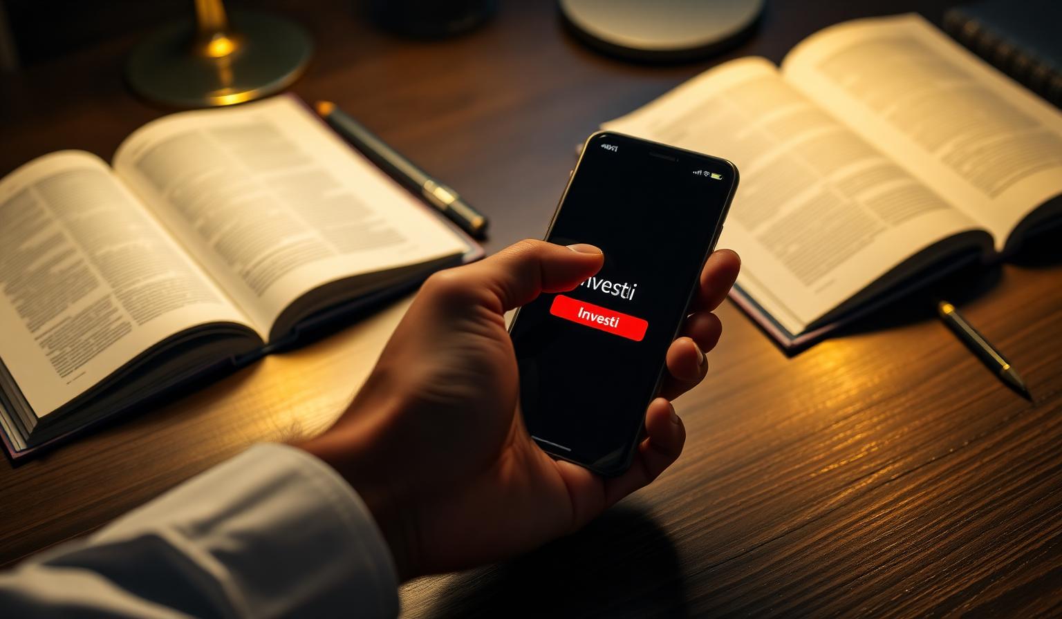 Una mano sospesa sopra il pulsante investi di un'app di trading, circondata da libri aperti — la scena della paralisi da analisi