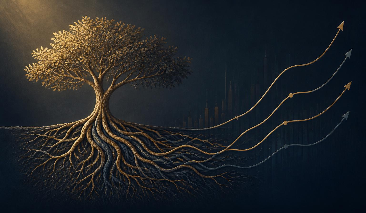 Albero stilizzato con radici dorate intrecciate che si trasformano in linee di un grafico ascendente — metafora dei quattro pilastri psicologici dell'investimento