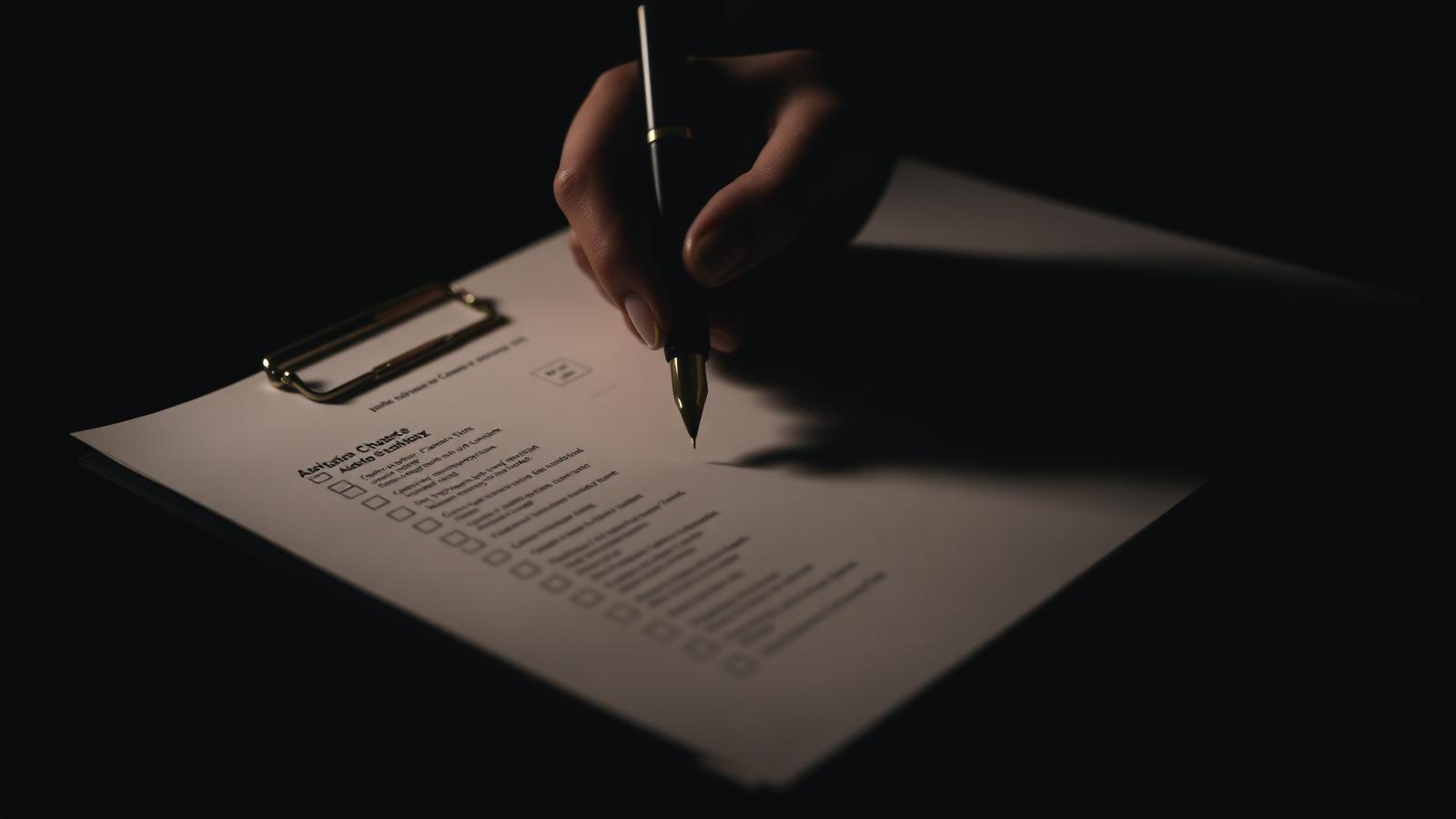 Mano che compila una checklist su carta con penna stilografica, in stile editoriale