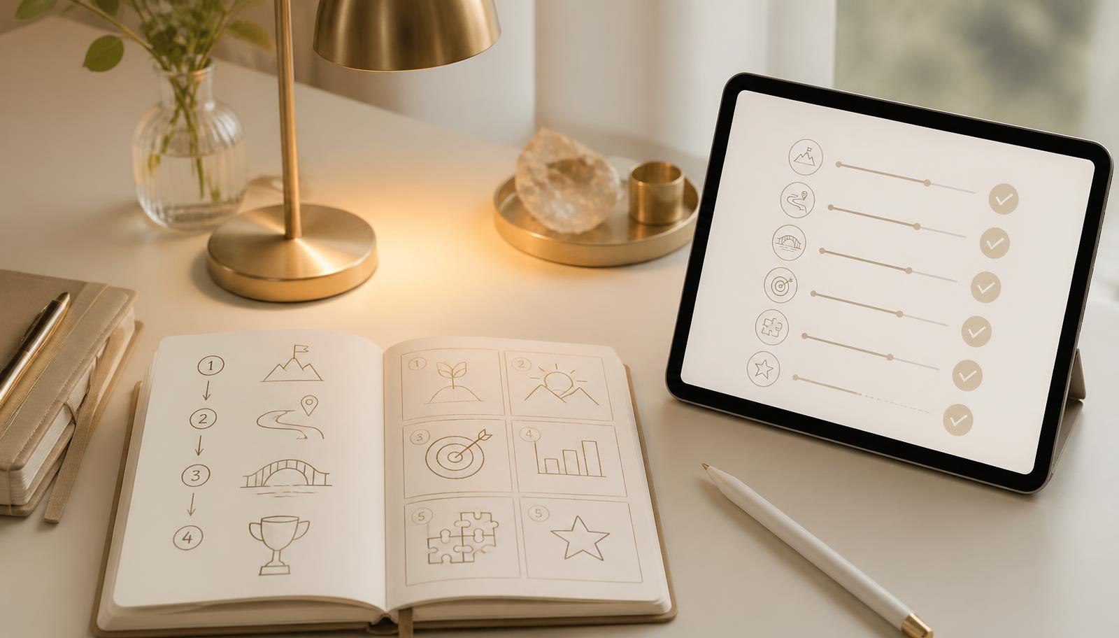 Scrivania chiara con quaderno aperto su uno schema di apprendimento passo per passo e tablet con checklist di avanzamento