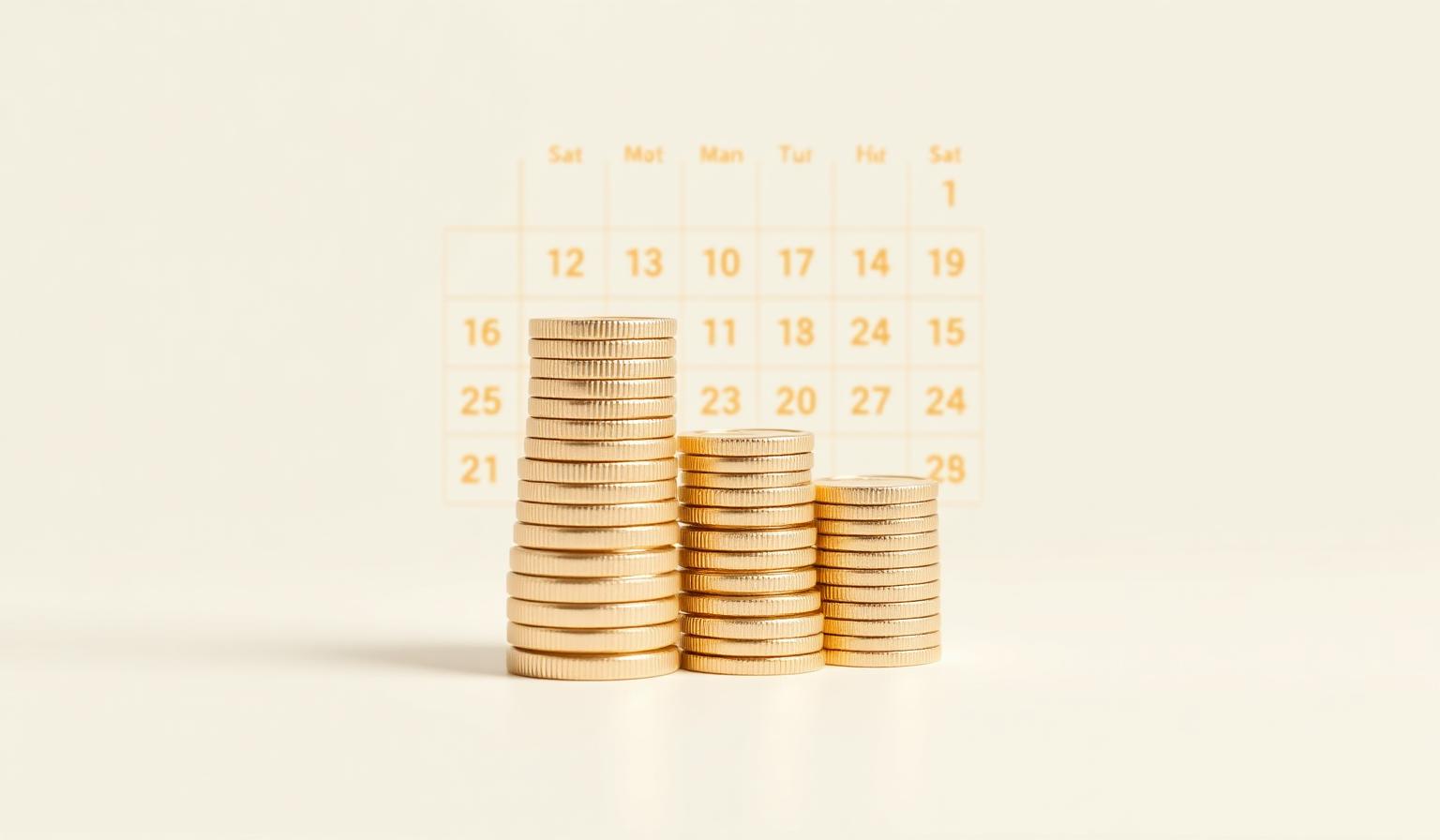 Pile di monete dorate crescenti davanti a un calendario stilizzato