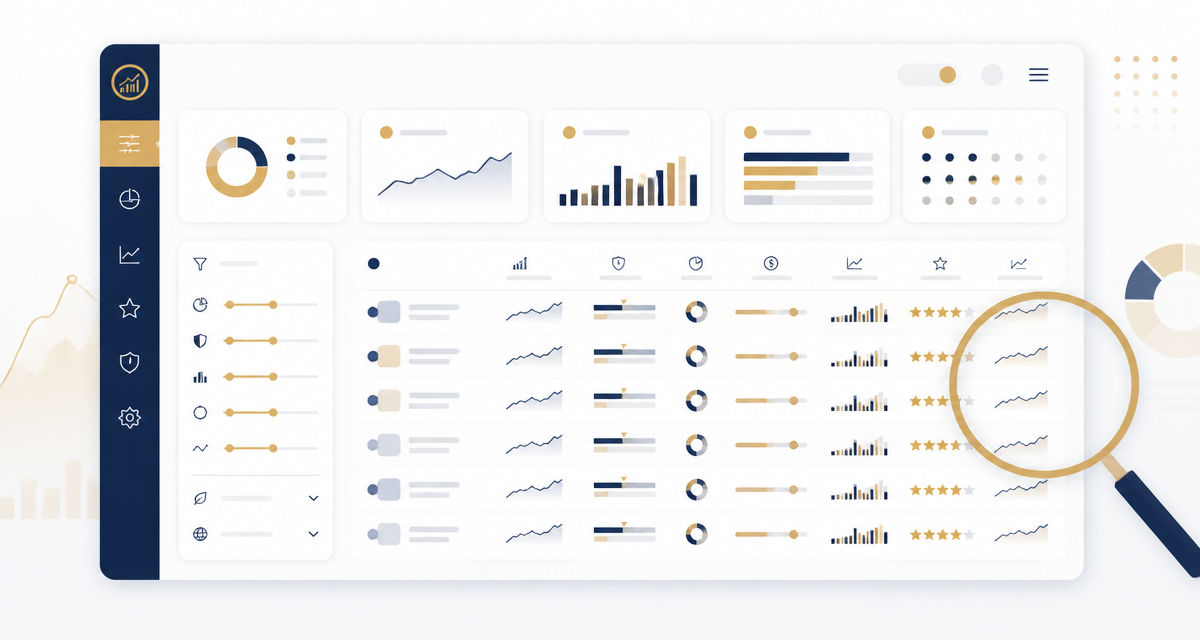 Interfaccia astratta di uno screener ETF con filtri, grafici e rating a stelle